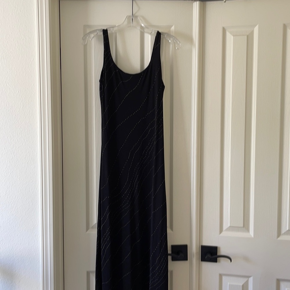 Long black scoop tank dress with beige random dots